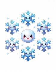 kawaii snowflakes transforming into happy characters around blank space