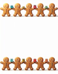 kawaii gingerbread men holding gifts framing blank space
