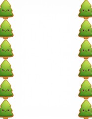 kawaii christmas tree cookies with smiling faces around blank area
