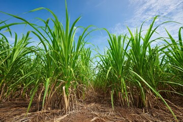 Lush sugarcane field under a vibrant blue sky