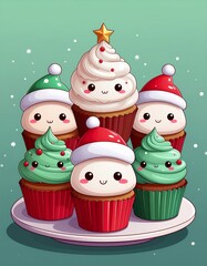 kawaii christmas cupcakes with smiling faces framing blank center
