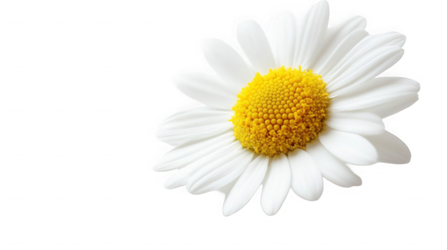 Close up of a daisy flower with white petals and a yellow center on  space for text on transparent background