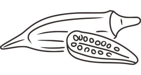 Black and white line drawing of okra pod and slice