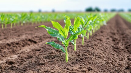 Young corn plants growing in a field under bright sunlight