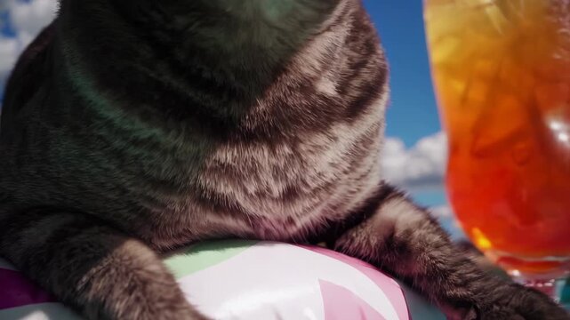 Tabby cat with red sunglasses lounges on float beside drinks. Summer pool moment with funny pet enjoying relax. Animal sits on float under sky. Pool and vacation theme clearly visible.