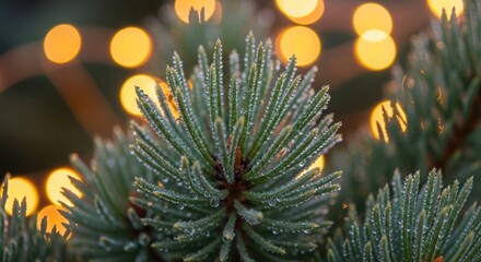Sparkling dew drops clinging to a vibrant evergreen branch against a warm bokeh backdrop, perfect for holiday promotions and winter wonderlands