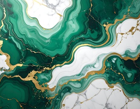 Artistic depiction of emerald green and white marbled texture with gold veins - Powered by Adobe