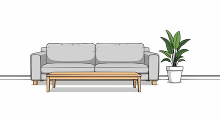Minimalist living room furniture with a sofa table and plant.