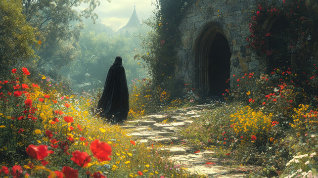 Atmospheric fantasy scene: a lone figure in a black cloak walks along an old stone path toward the entrance of an abandoned stone building overgrown with ivy and flowers. - Powered by Adobe