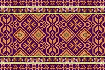 Abstract seamless ethnic geometric pattern. Traditional tribal embroidery or pixelated woven style. Purple and orange diamond texture for textile and wallpaper.