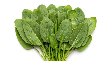 Bunch of fresh green spinach leaves with water droplets on a white background healthy