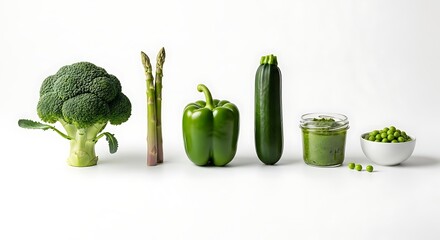 Assortment of fresh green vegetables including broccoli asparagus bell pepper zucchini and peas in a jar and bowl