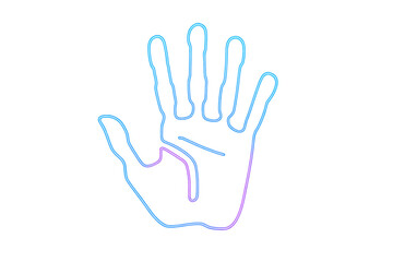 Obraz premium Hand gesture showing a glowing neon outline in cyan and magenta colors with transparent background