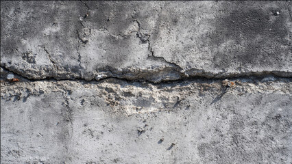 Obraz premium Close-up of a rough, weathered grey concrete wall with a prominent horizontal crack. Smaller fissures and eroded texture highlight its distressed condition.