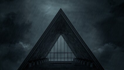 Modern building triangular architecture concrete glass window stormy sky clouds dramatic ominous dark rainy urban structure exterior generative AI