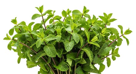 Fresh green mint plant with textured leaves and dark stems isolated on white background herb