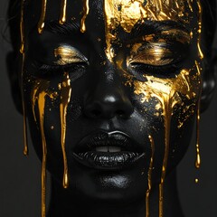 A woman's face, black skin with golden paint dripping down