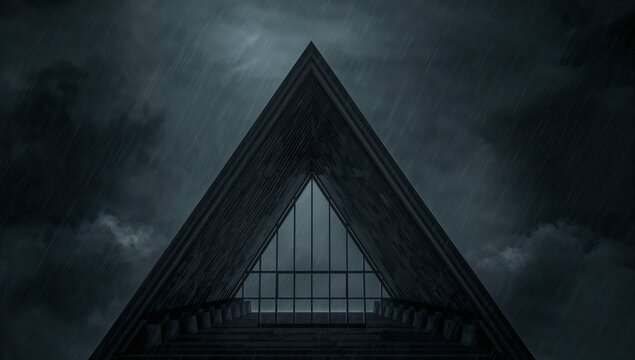 Modern building triangular architecture concrete glass window stormy sky clouds dramatic ominous dark rainy urban structure exterior generative AI - Powered by Adobe