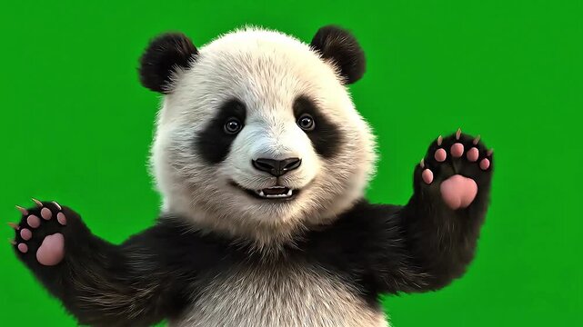 Cute panda waving and smiling on a green screen background for easy editing