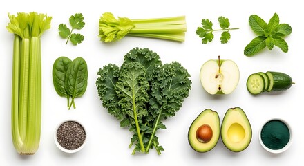 Fresh green vegetables and fruits arranged with chia seeds and spirulina powder on white background