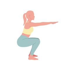 Squat woman performing simple bodyweight squat exercise in minimal flat illustration style, isolated on clean white background for fitness, workout, sports, and healthy lifestyle content