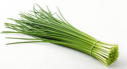 Fresh green chives tied with a rubber band on a white background herb food