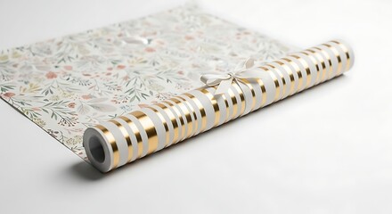 Rolled wrapping paper with floral pattern and gold stripes tied with white ribbon gift present