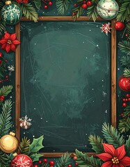 Christmas chalkboard frame with Christmas tree branches and ornaments