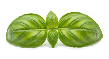 Fresh green basil leaves arranged symmetrically with a central stem and reflected image on white background