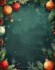 Christmas chalkboard background with ornaments and fir branches