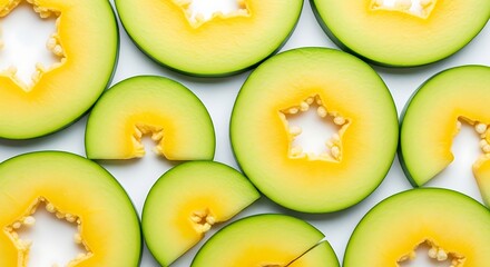 Sliced honeydew melon pieces with bright green rind and yellow flesh arranged on a white background
