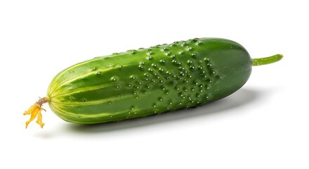 Single green cucumber with yellow flower and stem on white background vegetable food