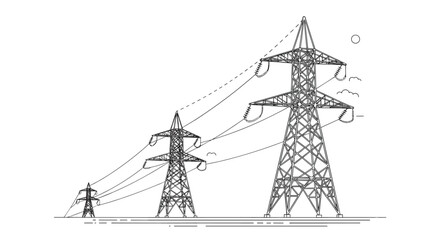 Black and white line art illustration of high-voltage power lines and transmission towers of varying sizes for electricity.