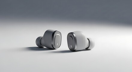 Two wireless earbuds in gray and white with silver trim on a light gray gradient background audio technology