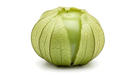Single green tomatillo fruit with papery husk partially peeled back revealing smooth skin and light green interior on white background