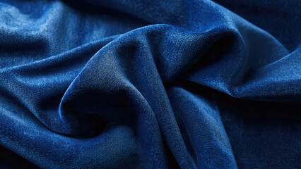 A stunning close-up of luxurious deep blue velvet fabric, artfully draped to reveal its soft, rich texture and elegant, flowing folds.