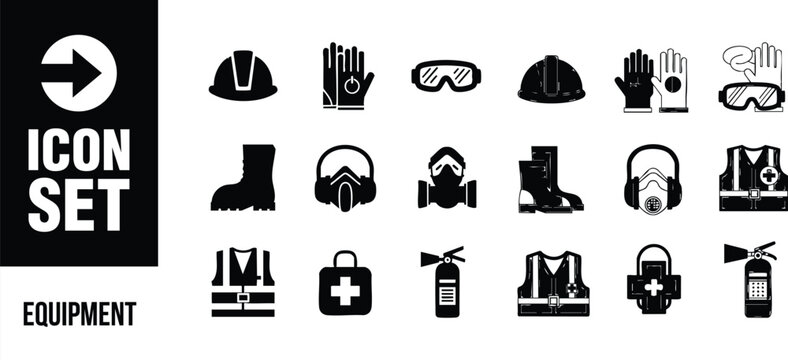 Essential safety equipment icons displaying health, manufacturing, and industrial protection in a modern style