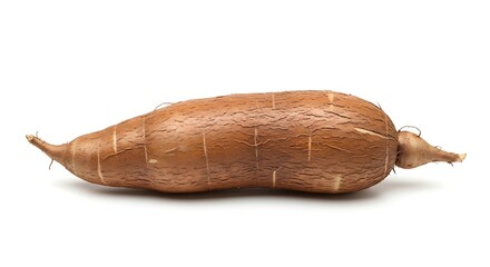 Single brown cassava root with textured skin and pointed ends isolated on white background vegetable