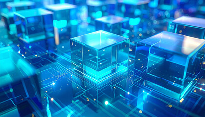 青色の透明キューブと回路基板の接続ネットワーク