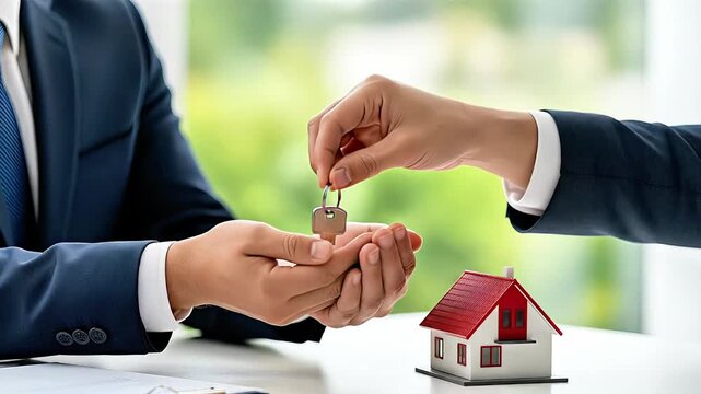 Key handover between two individuals in a bright office setting, symbolizing new home ownership, with a focus on the house model and keys, showcasing the excitement of moving in