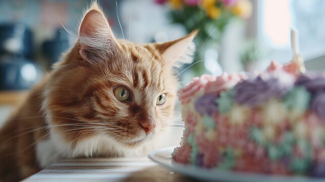 A fluffy orange cat intently watches a vibrant, pastel-colored cake, highlighting curiosity and playful interest in birthday celebrations.