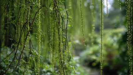 Lush green weeping willow branches cascade gently, adorned with delicate leaves and catkins, creating a serene, natural, and calming botanical scene.