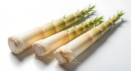 Three raw bamboo shoots with green leafy tips and fibrous roots on a white background fresh vegetable