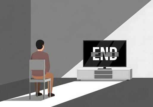 Man sitting alone watching television screen displaying the word end