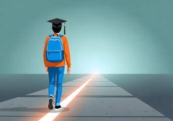 Graduate Student Walking Toward Future Success, Education, Achievement, Goal Path Illustration.