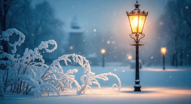 Enchanting winter scene with softly falling snow and a vintage glowing street lamp illuminating a peaceful, serene snowy landscape during a snowfall