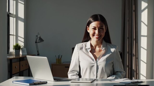 Woman smiling at desk with laptop. She uses tablet while working in office. Business entrepreneur focused on remote work and productivity. Soft natural light creates calm work atmosphere. Sunlight.