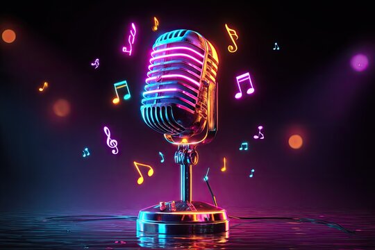 Retro microphone with neon music notes