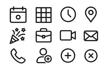 Event Icon Collection. Event Scheduling linear icon set: calendar with dot, time slot grid, clock hand, location pin, party confetti, briefcase, video camera, phone, user
