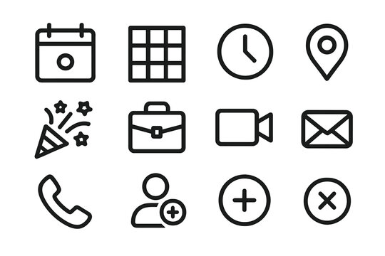Event Icon Collection. Event Scheduling linear icon set: calendar with dot, time slot grid, clock hand, location pin, party confetti, briefcase, video camera, phone, user